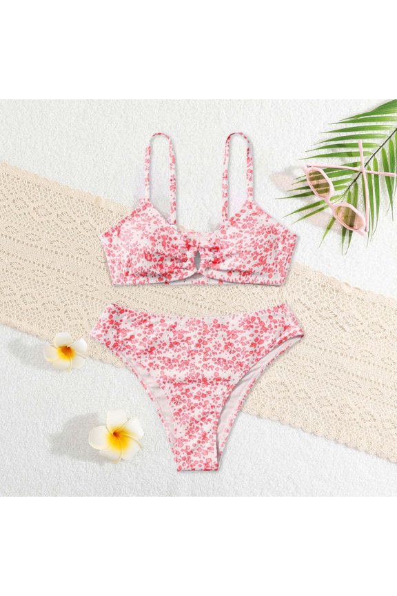 Girls Swimwear 2 Piece Bikini Set Floral Print Beach Bathing Suit For Swimming Pools Sleeveless Fall Spring