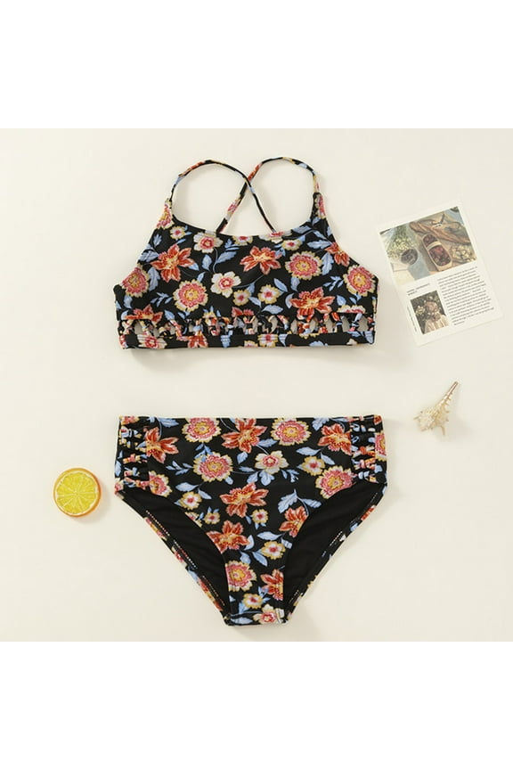 Girls Swimwear 2 Piece Bikini Set Floral Print Beach Bathing Suit For Swimming Pools Sleeveless Summer