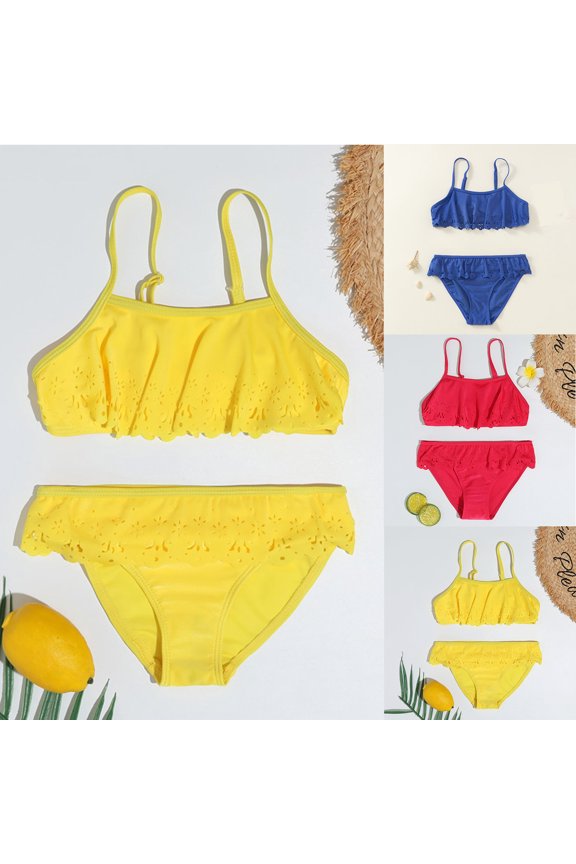 Girls Swimwear 2 Piece Bikini Set Solid Color Beach Bathing Suit For Swimming Pools Sleeveless Summer