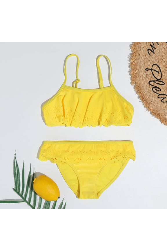 Girls Swimwear 2 Piece Bikini Set Solid Color Beach Bathing Suit For Swimming Pools Sleeveless Summer