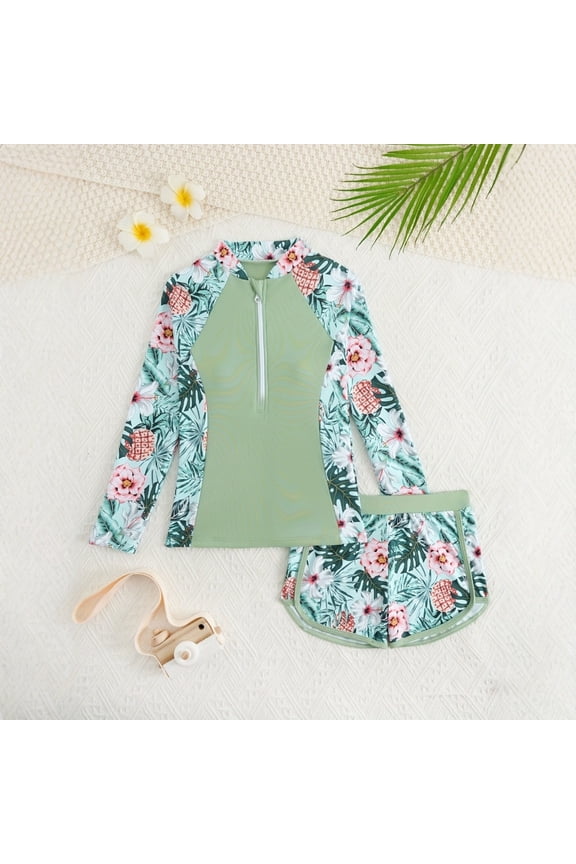Girls Swimwear 2 Pieces Rash Guard Swimsuit Floral Print Beach Bathing Suit For Swimming Pools Upf 50+ Long Sleeve Fall Spring