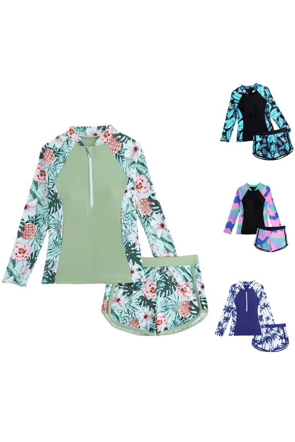 Girls Swimwear 2 Pieces Rash Guard Swimsuit Floral Print Beach Bathing Suit For Swimming Pools Upf 50+ Long Sleeve Fall Spring