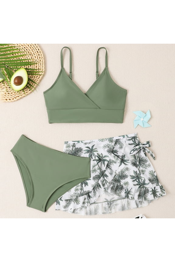Girls Swimwear 3 Piece Bathing Suit Floral Print Beach Bathing Suit For Swimming Pools Sleeveless Briefs And Sarong Cover Skirts