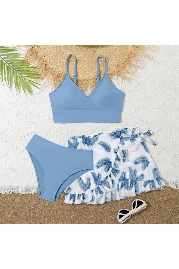Girls Swimwear 3 Piece Bathing Suit Floral Print Beach Bathing Suit For Swimming Pools Sleeveless Briefs And Sarong Cover Skirts