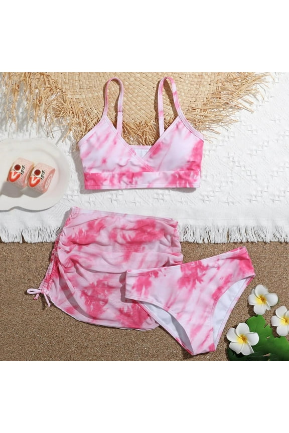 Girls Swimwear 3 Piece Bathing Suit Floral Print Beach Bathing Suit For Swimming Pools Sleeveless Briefs And Sarong Cover Skirts