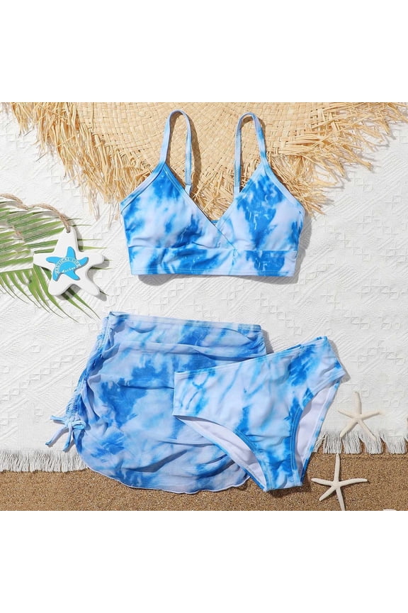 Girls Swimwear 3 Piece Bathing Suit Floral Print Beach Bathing Suit For Swimming Pools Sleeveless Briefs And Sarong Cover Skirts