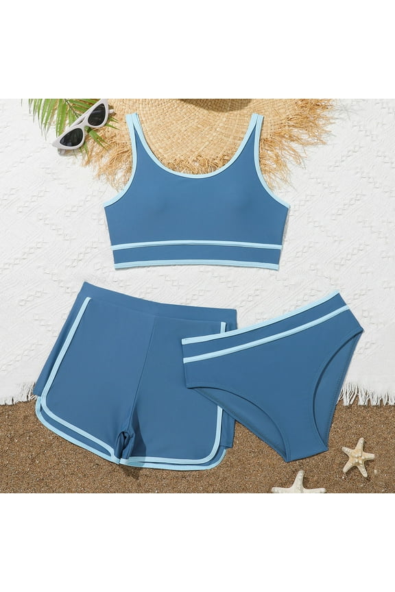 Girls Swimwear 3 Piece Bathing Suit Solid Color Beach Bathing Suit For Swimming Pools Sleeveless Briefs And Shorts