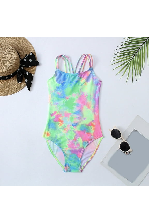 Girls Swimwear One Piece Swimsuit Tie-Dye Print Beach Bathing Suit For Swimming Pools Sleeveless Fall Spring