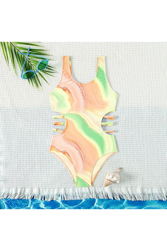 Girls Swimwear One Piece Swimsuit Tie-Dye Print Beach Bathing Suit For Swimming Pools Sleeveless Summer