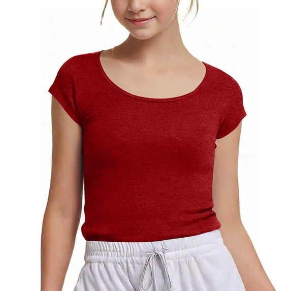 Vqpzlfhb Girls Tops Tunic Tee Tops Casual Short-Sleeve Crewneck Solid Color Summer