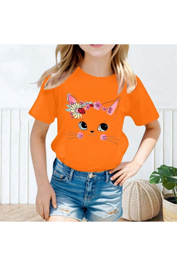 Girls Tops Tunic Tee Tops Casual Short-Sleeve Fun Print Solid Color Cute Cat Summer