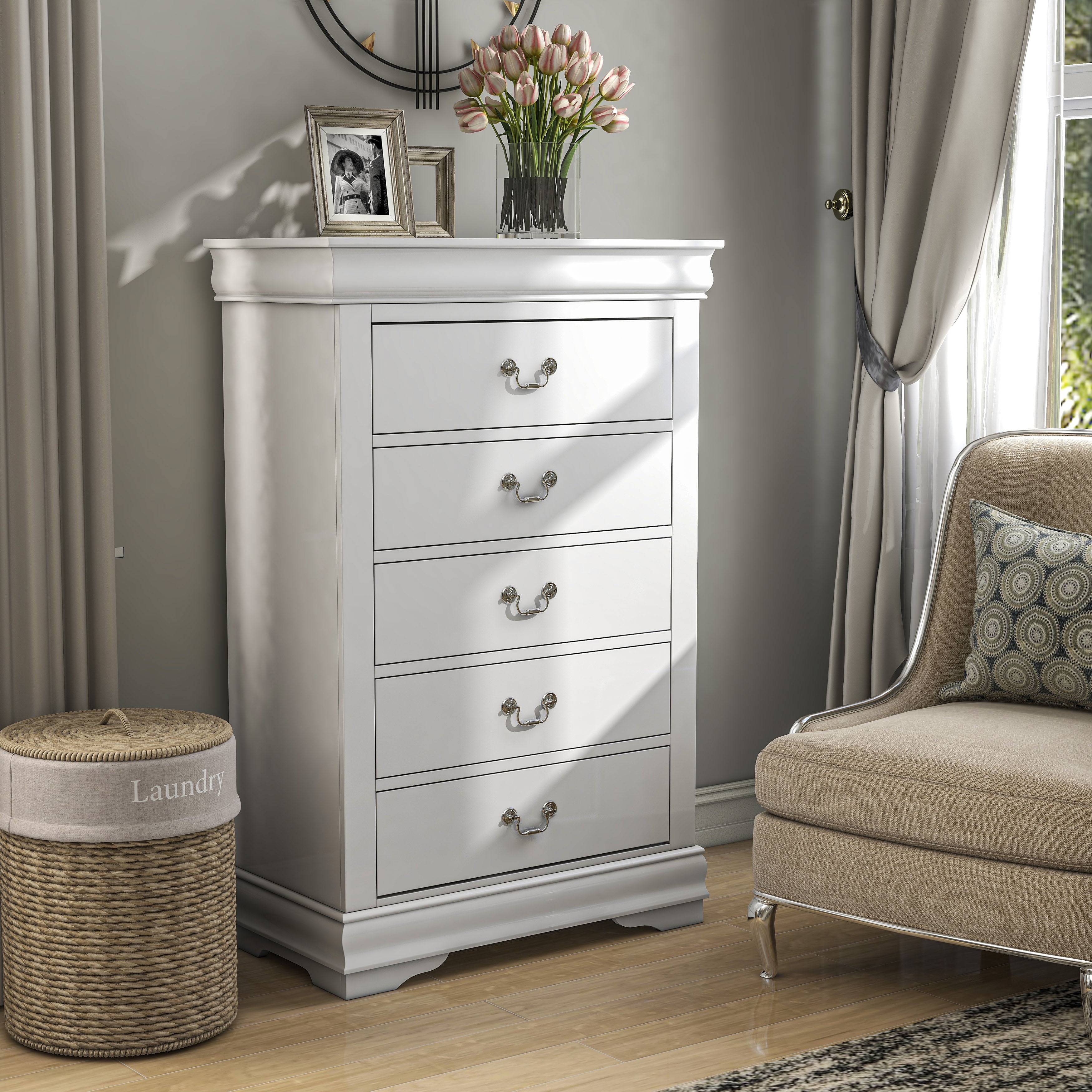 White Solid Wood Vertical 5-Drawer Chest with Dovetail Drawer