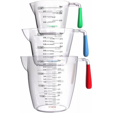 Vremi 3 Piece Plastic Liquid Measuring Cup Set, Stackable, Red Blue and Green Handles