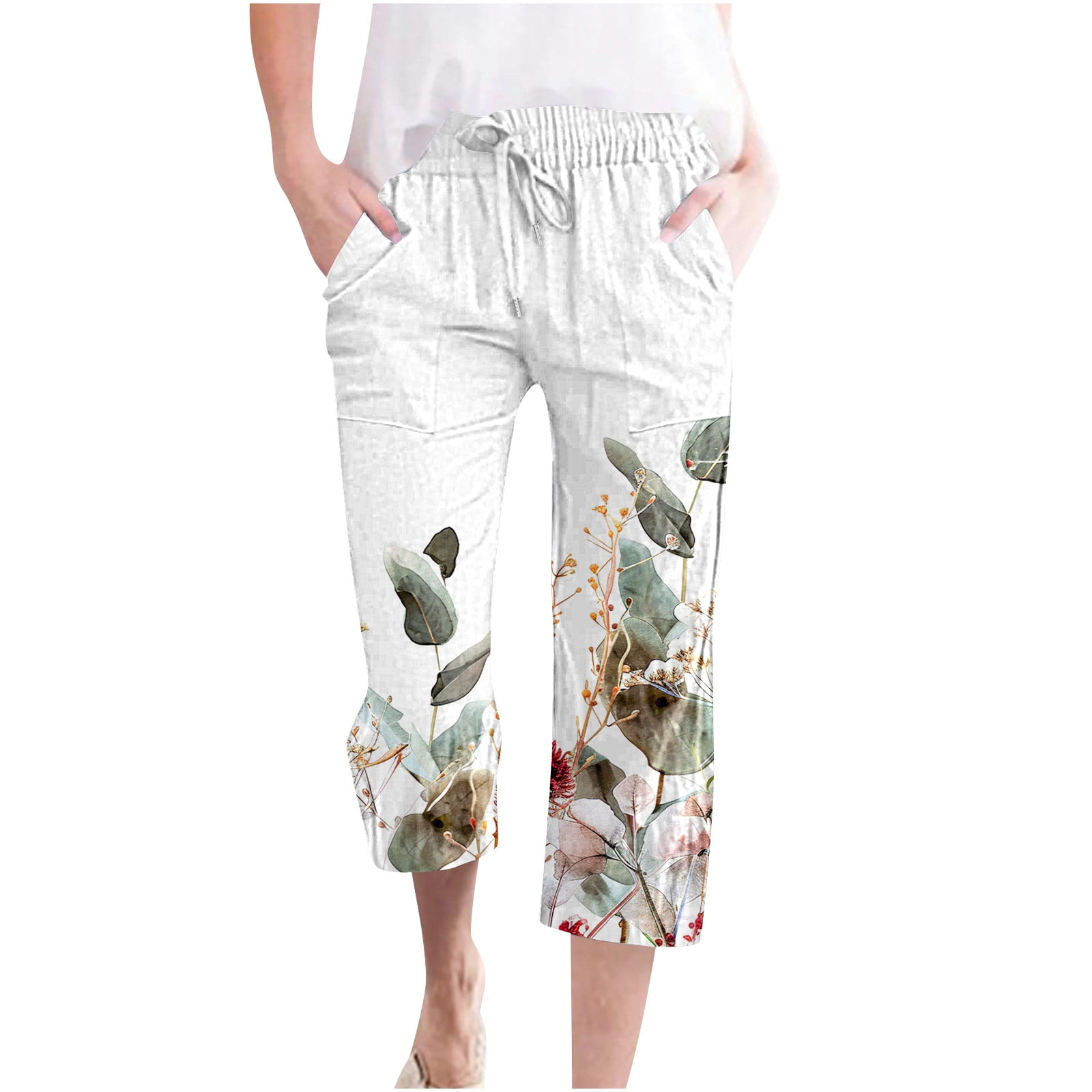 Vrhaik Linen Pants For Women Beach Plus Size Lightweight Capris For