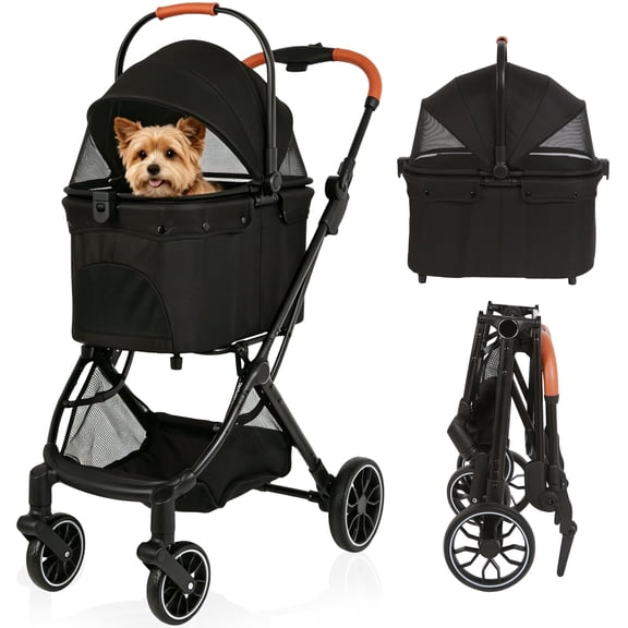 Vrhot Foldable 3-in-1 Pet Stroller up to 33 lbs, 4-Wheel for Small Dogs & Cats with Removable Carrier, Height-Adjustable Handle, Black
