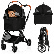 Vrhot Foldable 3-in-1 Pet Stroller, 4-Wheel for Small Dogs & Cats with Removable Carrier, Height-Adjustable Handle, Storage Basket, Black