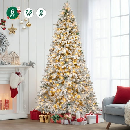 Firstness 6ft Pre-Lit Artificial Christmas Tree with 300 LED Lights,Snow Flocked Xmas Tree