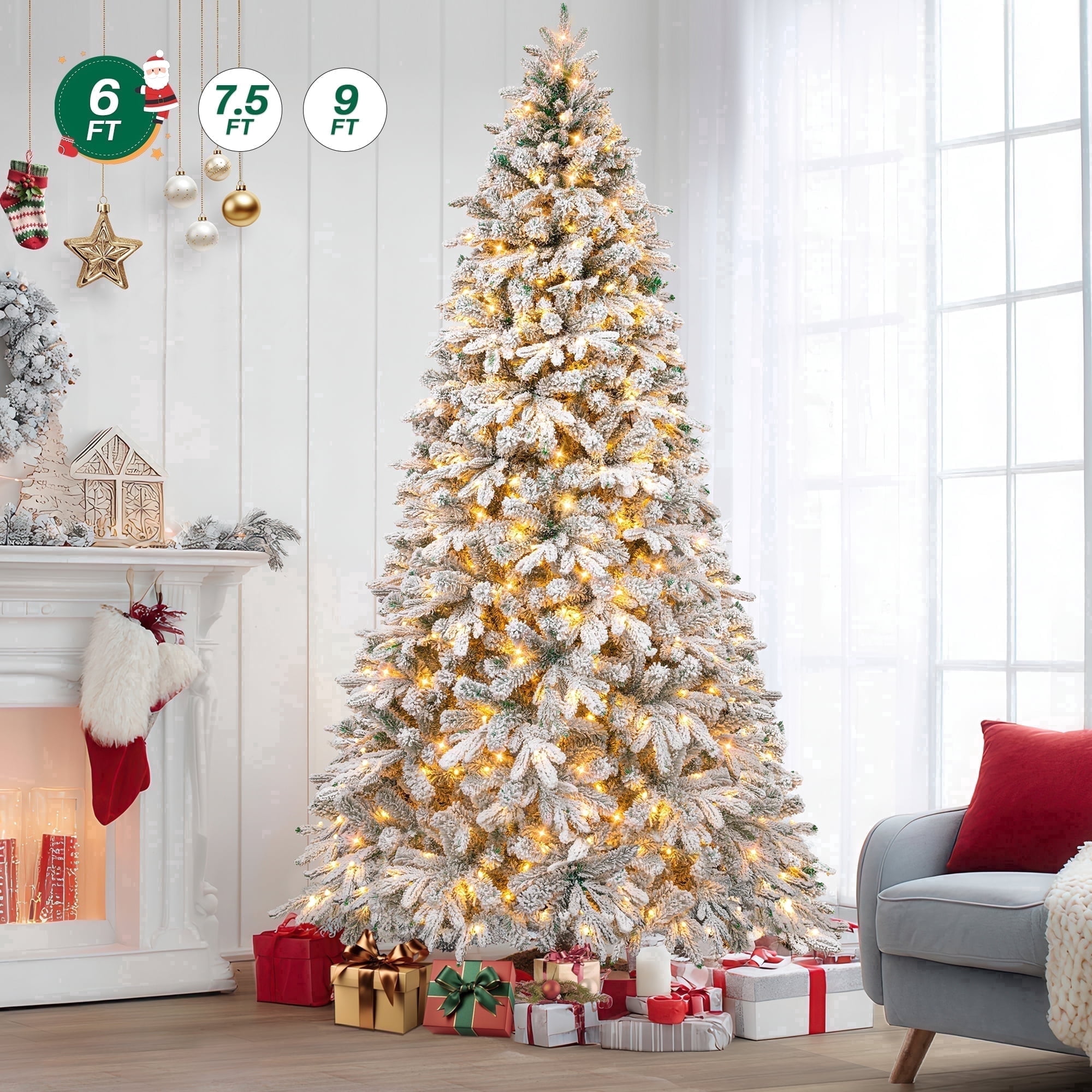 FIRSTNESS 6ft Pre-Lit Snow Flocked Xmas Tree with 300 LED Lights ...