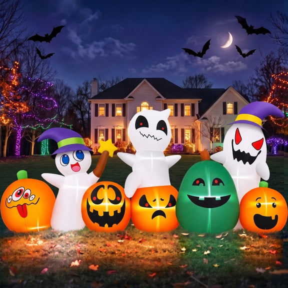 Firstness 7ft Long Halloween Inflatable with Lights,Pumpkin Ghost for Outdoor Decorations