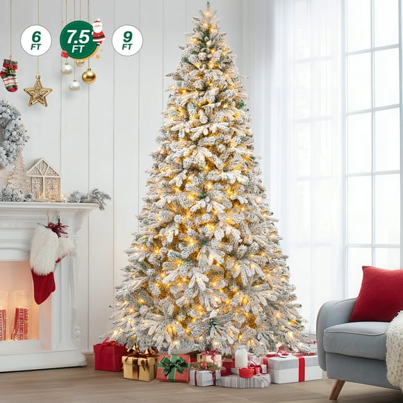 Firstness 7.5ft Pre-Lit Artificial Christmas Tree with 600 LED Lights,Snow Flocked Xmas Tree
