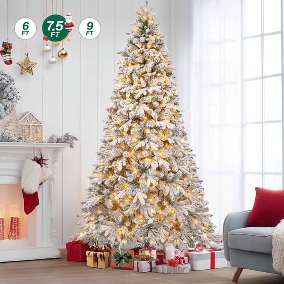 Firstness 7.5ft Pre-Lit Artificial Christmas Tree with 600 LED Lights,Snow Flocked Xmas Tree
