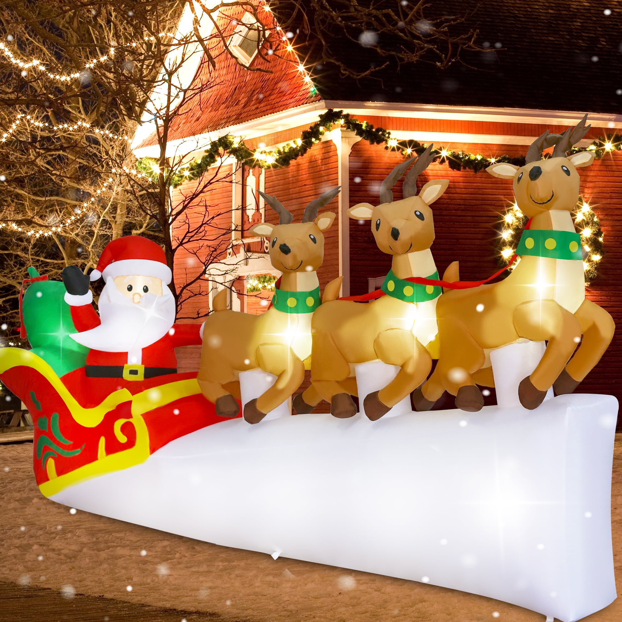 Vrilay 9ft Christmas Inflatable, Santa Elk Sleigh Inflatable with LED