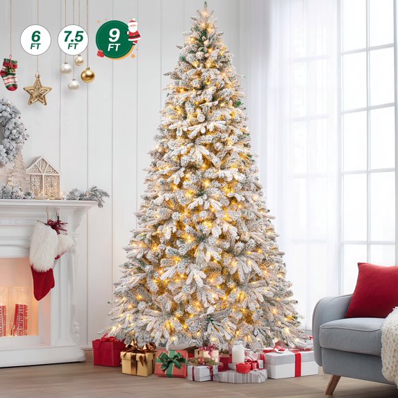 Firstness 9ft Pre-Lit Artificial Christmas Tree with 900 LED Lights,Snow Flocked Xmas Tree