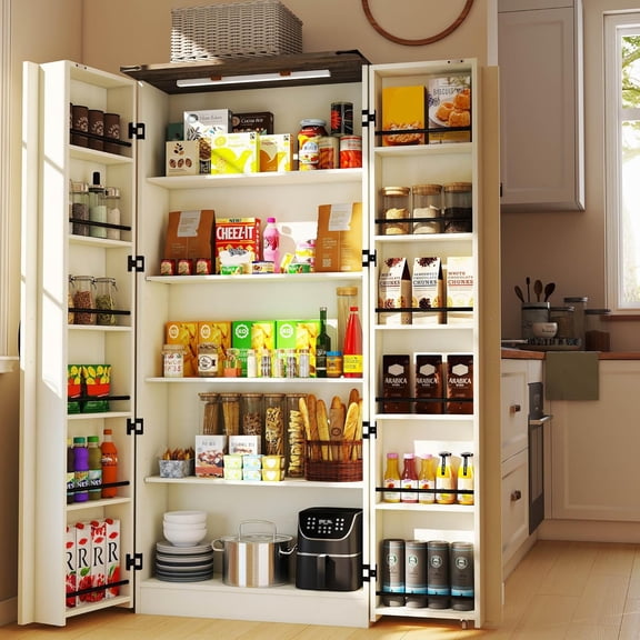 Vrmuxita Tall Kitchen Pantry Cabinet: Food Pantry Cabinets for Kitchen Storage, Off White Wood Storage Cabinet with 2 Doors, Farmhouse Cabinets with Freestanding Cupboard