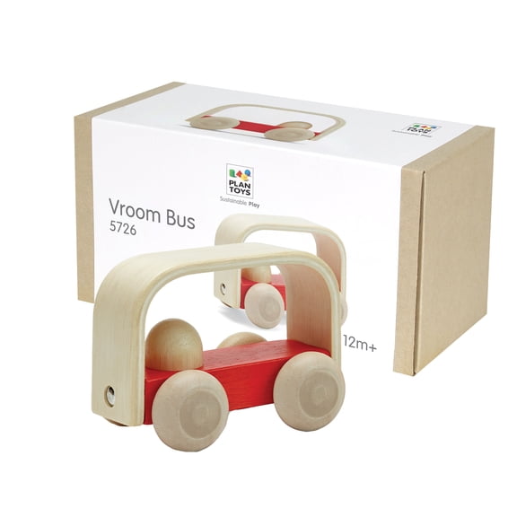 PlanToys® Wooden Vroom Bus | Montessori Push and Go Toy for Fine Motor Skills, Coordination and Imaginative Play | Eco Friendly Toy Vehicle for Early Learning and Active Play