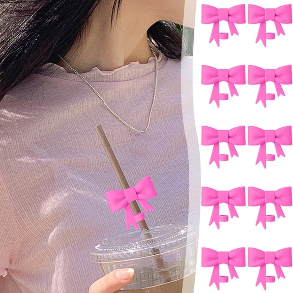 Vrorvz 10 Pack Silica Gel Bowknot Straw Caps for 0.4in Straws,Spill Proof and Travel Friendly,Ideal for Home and Use(Hot Pink)