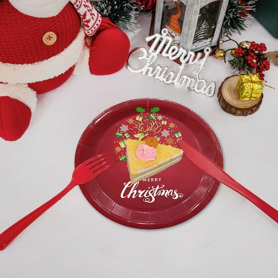 Vrorvz 10 Pack Tree Themed Long Lasting Disposable Tableware Set Christmas Plates Christmas Paper Plates Suit for Parties and Home Use 7.1in Red