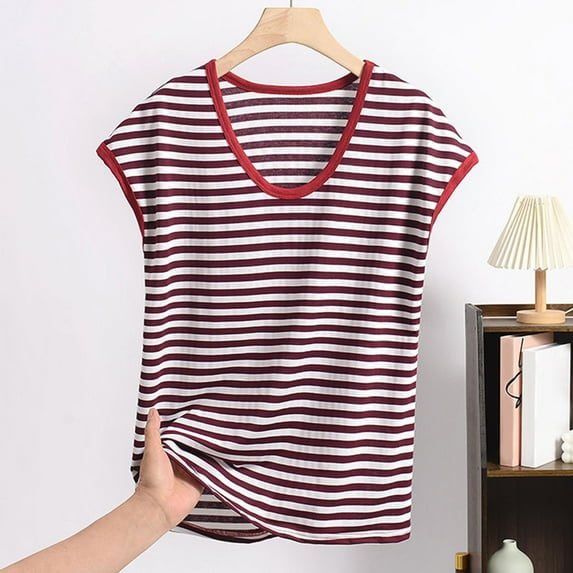 Vrorvz 1X-5X Women's Striped Shirts Cap Short Sleeve Loose Tee for Womens Sleepwear Soft Comfy Pajamas Tops