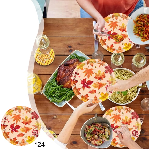 Vrorvz 24 Pack Maple Leaf Tableware Thanksgiving Plates Fall Plates Holiday Plates Disposable Thanksgiving Dinnerware Sets Sturdy Disposables 9.1in Multicolor