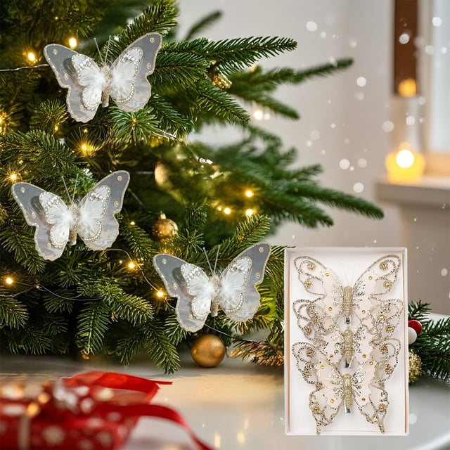 Vrorvz 3 Pack Christmas Decorations Hanging Ornaments Glitter Butterflies for Indoor Outdoor Christmas Tree Decor with Festive Design and Holiday Scene Party Accents 4.5x3.9in Gold