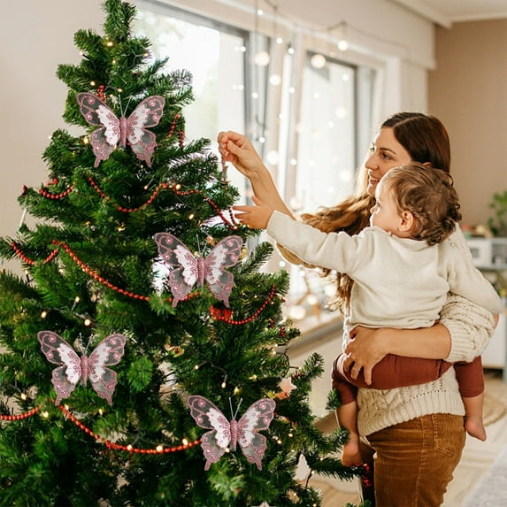 Vrorvz 3 Pack Christmas Decorations Hanging Ornaments Glitter Butterflies for Indoor Outdoor Christmas Tree Decor with Festive Design and Holiday Scene Party Accents 4.5x3.9in Pink