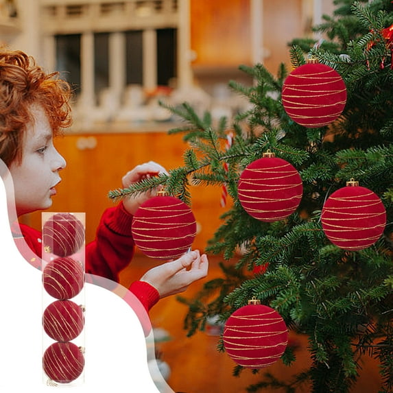 Vrorvz 4 Pack Christmas Ornaments Flock Balls Set for Tree Decorations Home Office Parties with Suede Material Easy Hanging for Warm and Beautiful Festive Decor 4.7in Red