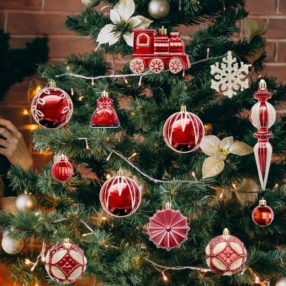 Vrorvz 60 Pack Christmas Tree Ornaments Indoor Outdoor Decor with Metal Buckles and Hanging Rope Vintage Multi Dimensional Textured Plastic Balls Elegant Holiday Scene Decoration Red