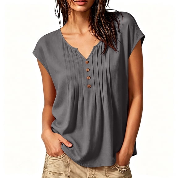 Vrorvz Cap Sleeve Shirt for Womens V Neck Shirts Button up Top Spring Summer Casual Work Blouses