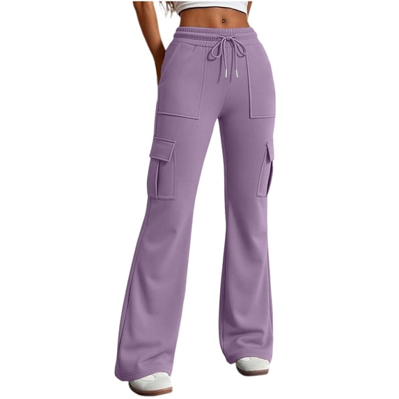 Vrorvz Cargo Flare Pants for Women Drawstring Elastic Waisted Pant Workout Yoga Leggings with Pockets
