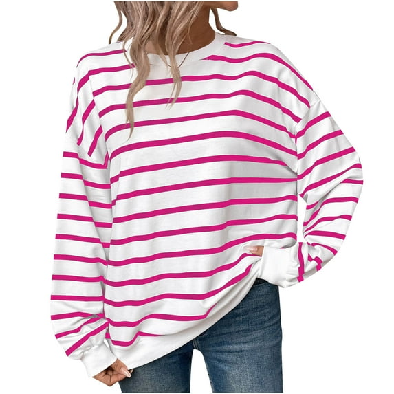 Vrorvz Casual Loose Cotton Blouse Shirt for Women Striped Round Neck Long Sleeve Tunic Trendy Sport Tops