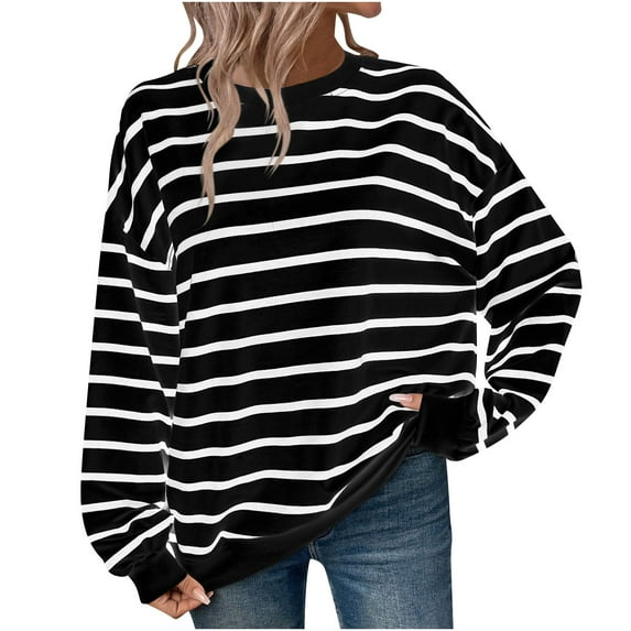 Vrorvz Casual Loose Cotton Blouse Shirt for Women Striped Round Neck Long Sleeve Tunic Trendy Sport Tops