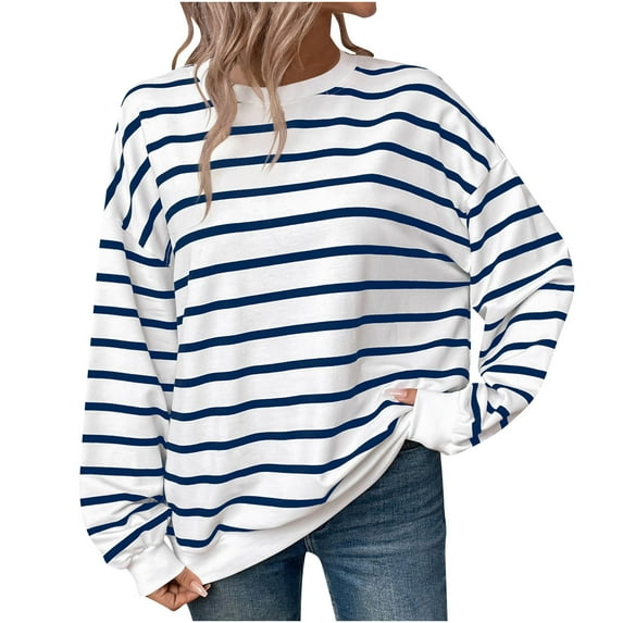 Vrorvz Casual Loose Cotton Blouse Shirt for Women Striped Round Neck Long Sleeve Tunic Trendy Sport Tops