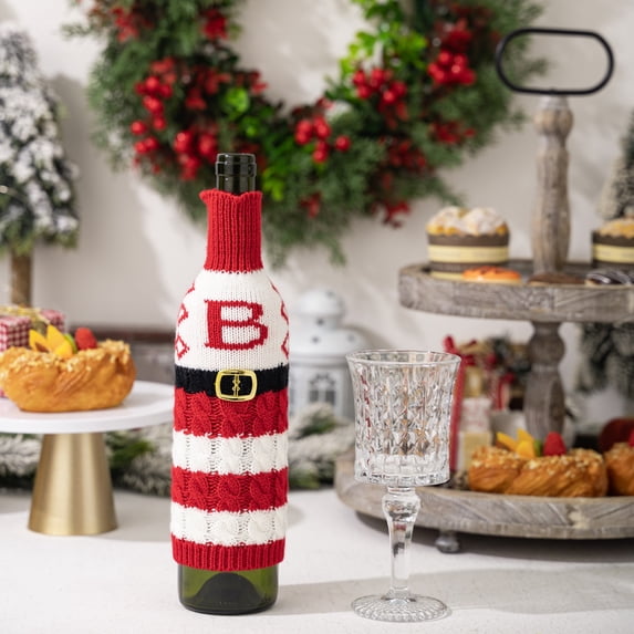 Vrorvz Christmas Decorations Christmas Table Decorations Knitted Alphabet Wine Bottle Sleeve Striped DIY Wine Bottle Cover Dining Table Decor Festive Home Celebration Holiday Gift 10.6in Red