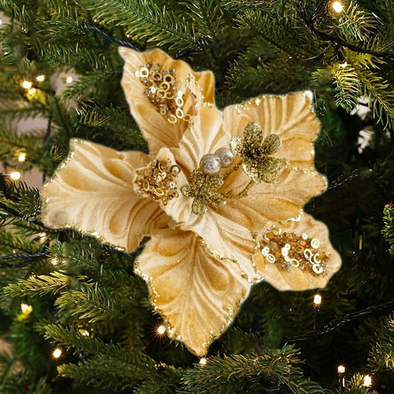 Vrorvz Christmas Decorations Christmas Tree Ornaments Artificial Magnolia Glitter Flower Realistic Floral Decor for Home Wreath Table Holiday Party Enjoy Festive Ambiance 8.7in Gold