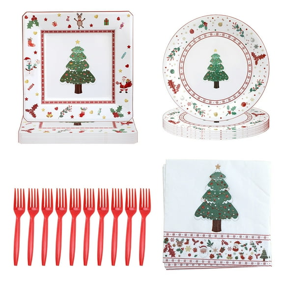 Vrorvz Christmas Tree Themed Disposable Tableware Christmas Plates Disposable Plates Gold Stamped Trees Petal Edge Edges Holidays Eco Friendly 8.3in White
