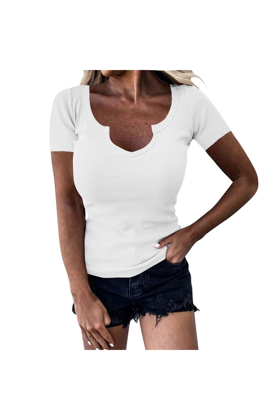 Classic T Shirts for Womens Short Sleeve V Neck Summer Casual Fashion Trendy Clothes Basic Tee Tops