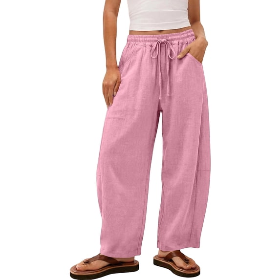 Vrorvz Cotton Linen Pants for Womens Drawstring Elastic Waisted Pants Casual Loose Wide Leg Trousers with Pockets