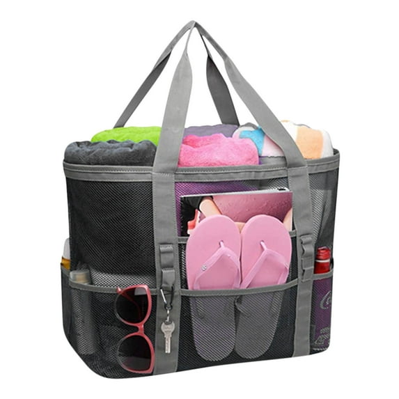Vrorvz Extra Large Mesh Beach Bag 9 Pockets for Beach Pool Gym Travel Lightweight Tote Bag with Zippered Compartment for Towels Toys Sunscreen Water Bottles and Valuables