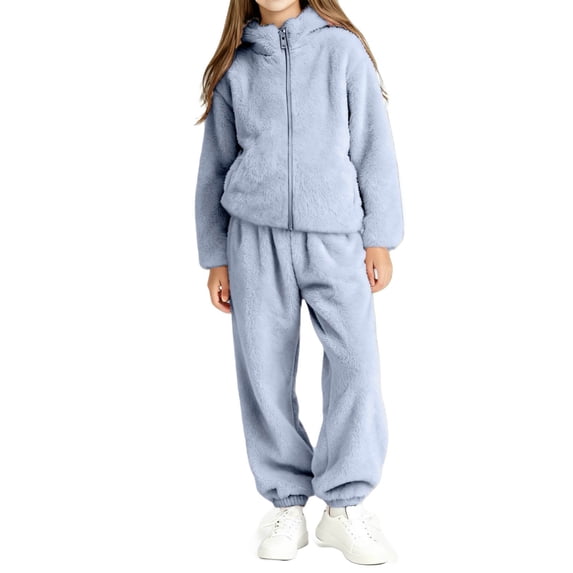 Vrorvz Fleece Sweater Set for Kid Fall Winter Outfits with Pockets Full Zip Sweatshirt Jogger Pants Sets Girls Clothes
