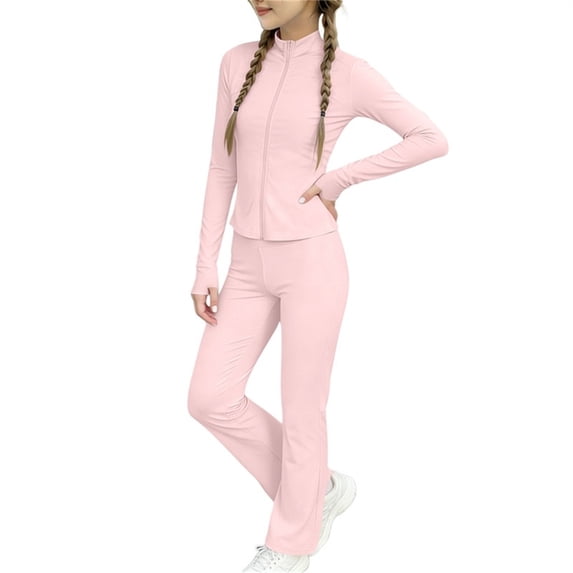 Vrorvz Girls Sets Full Zip Jackets Long High Waisted Pants Summer Yoga Athletic Workout Outfits for Kids